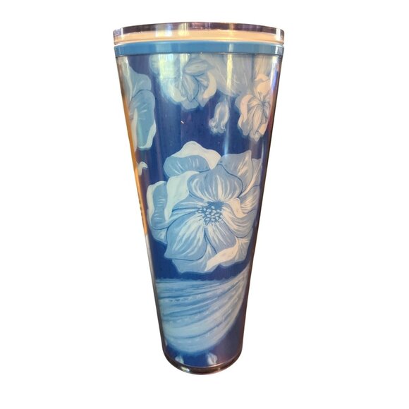 Starbucks 24 Oz Desert Floral Cactus Tumbler Blue & White Flowers Plastic Cup - Picture 3 of 5
